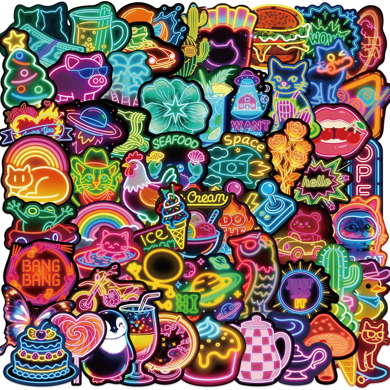 50PCS Funny Cute Neon Food Cartoon Stickers Decals Graffiti Laptop Suitcase Notebook Diary Cool Decoration PVC Sticker Toy