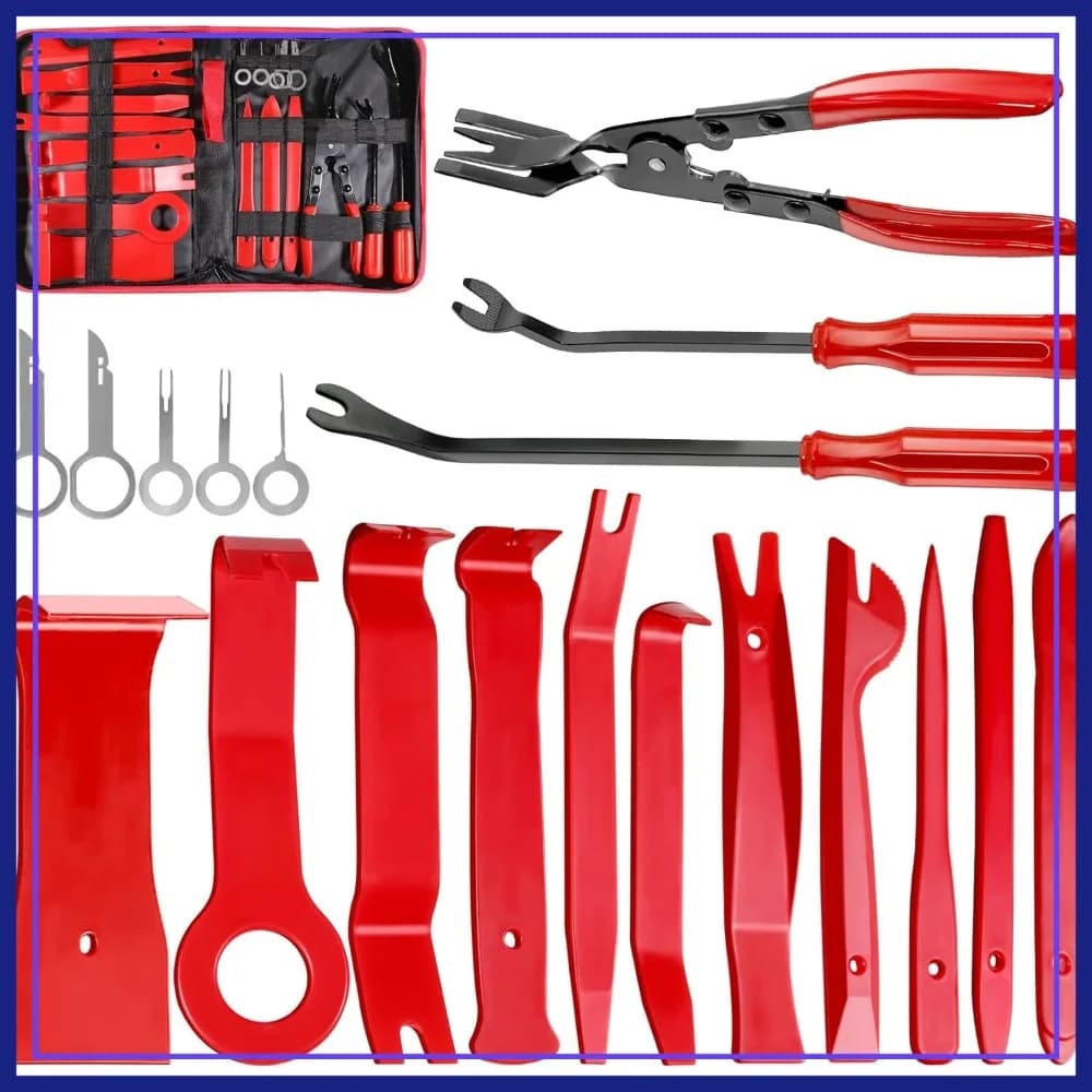 Set di 19 Attrezzi per Rimozione Rivestimenti Auto con Pinze, Estrattori e Kit di Sollevamento per Pannelli, Audio, Cruscotto e Finestrini