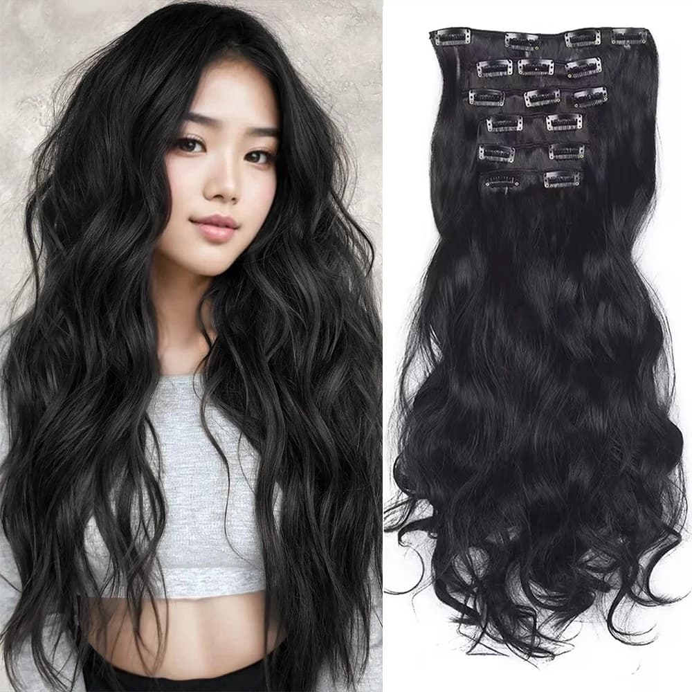 Extension per capelli sintetiche a clip, 6 pezzi, ricce e spesse, con doppia trama, per capelli ondulati, set completo