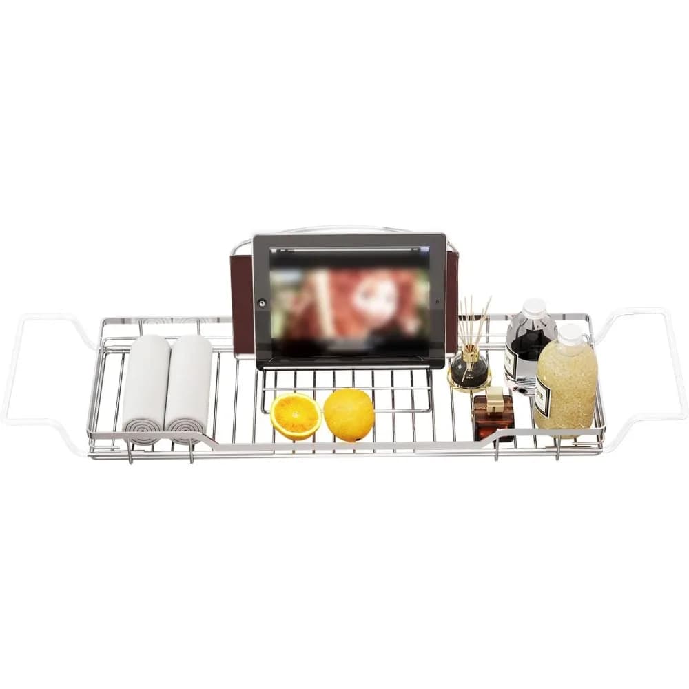 Vassoio Regolabile per Vasca da Bagno in Acciaio Inox 304, Organizzatore Multifunzione per Tablet, Telefono e Lettura