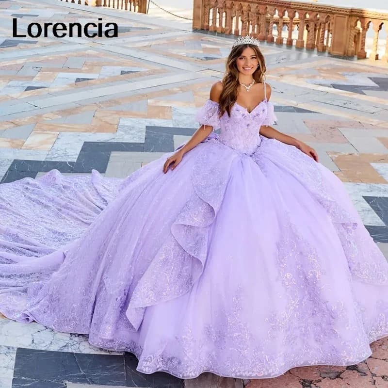 Lorencia Lavanda Lialc Abito Quinceanera Abito da ballo Spaghetti Applique in pizzo Cristalli Perline Dolce 16 Abiti da 15 anni YQD686