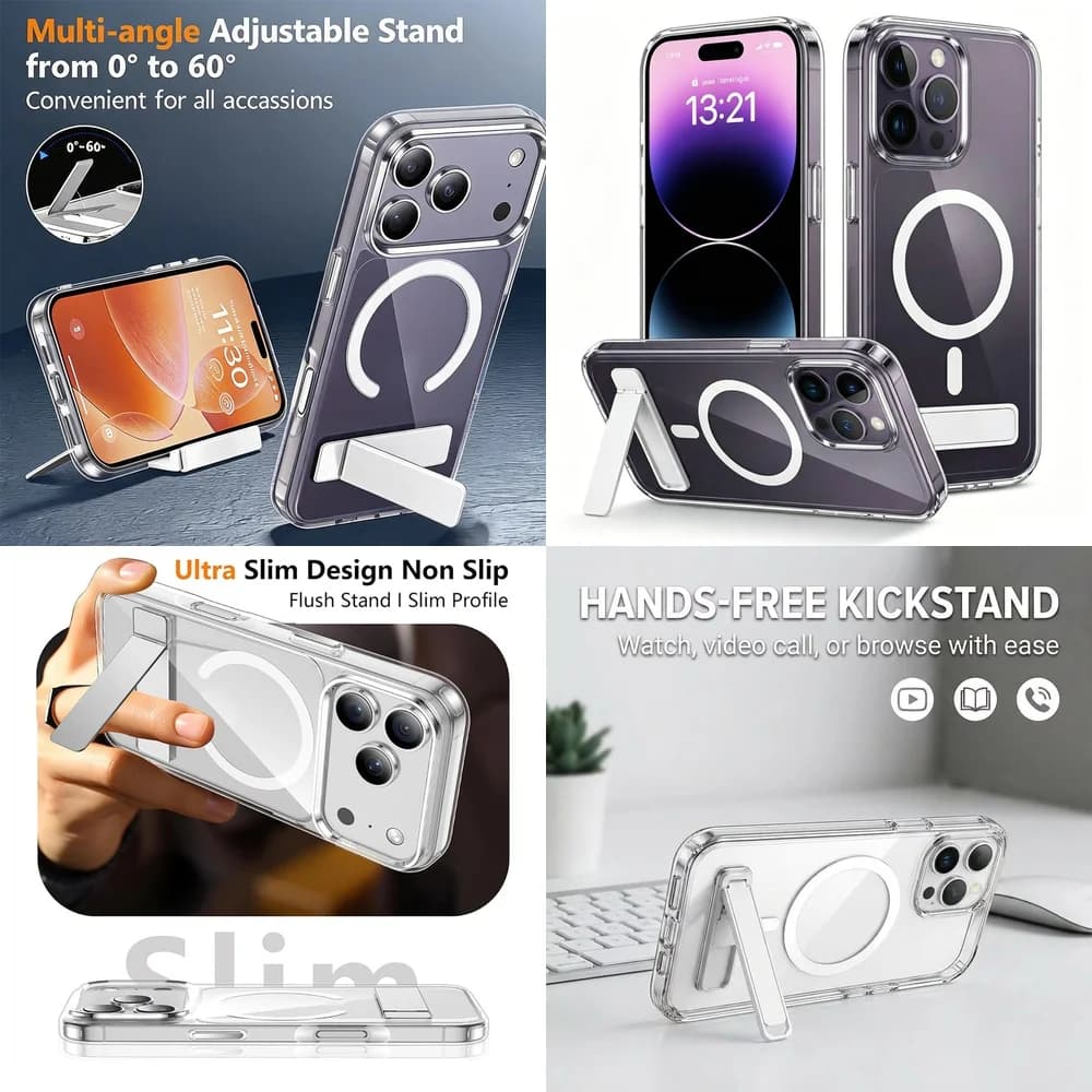 Transparent Magnetic Case Adjustable Kickstand Non-Slip Grip Acrylic Hard Back for iPhone 16 17 15 14 Plus 13 mini 12 11 Pro Max