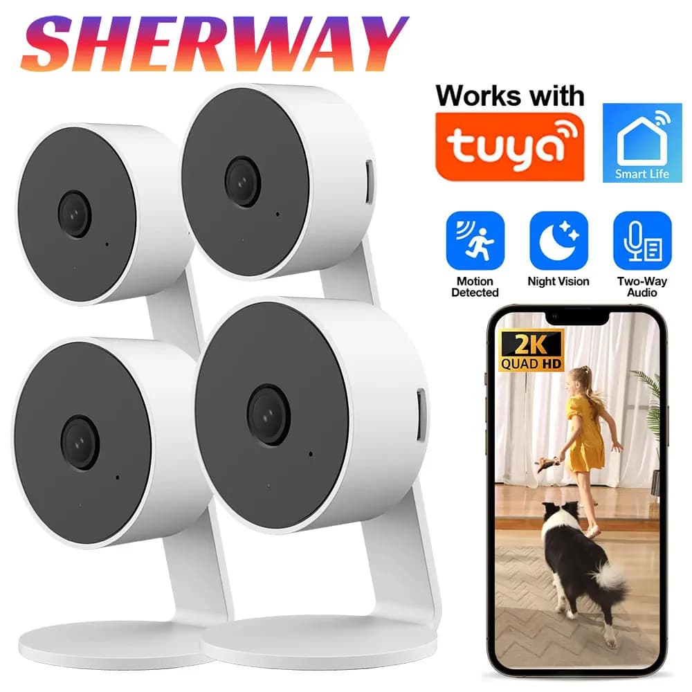 Telecamera di Sicurezza Domestica Tuya Smart WiFi Interna IP 2K con Rilevamento AI, Visione Notturna, Tracciamento Automatico, Baby Monitor e Audio Bidirezionale
