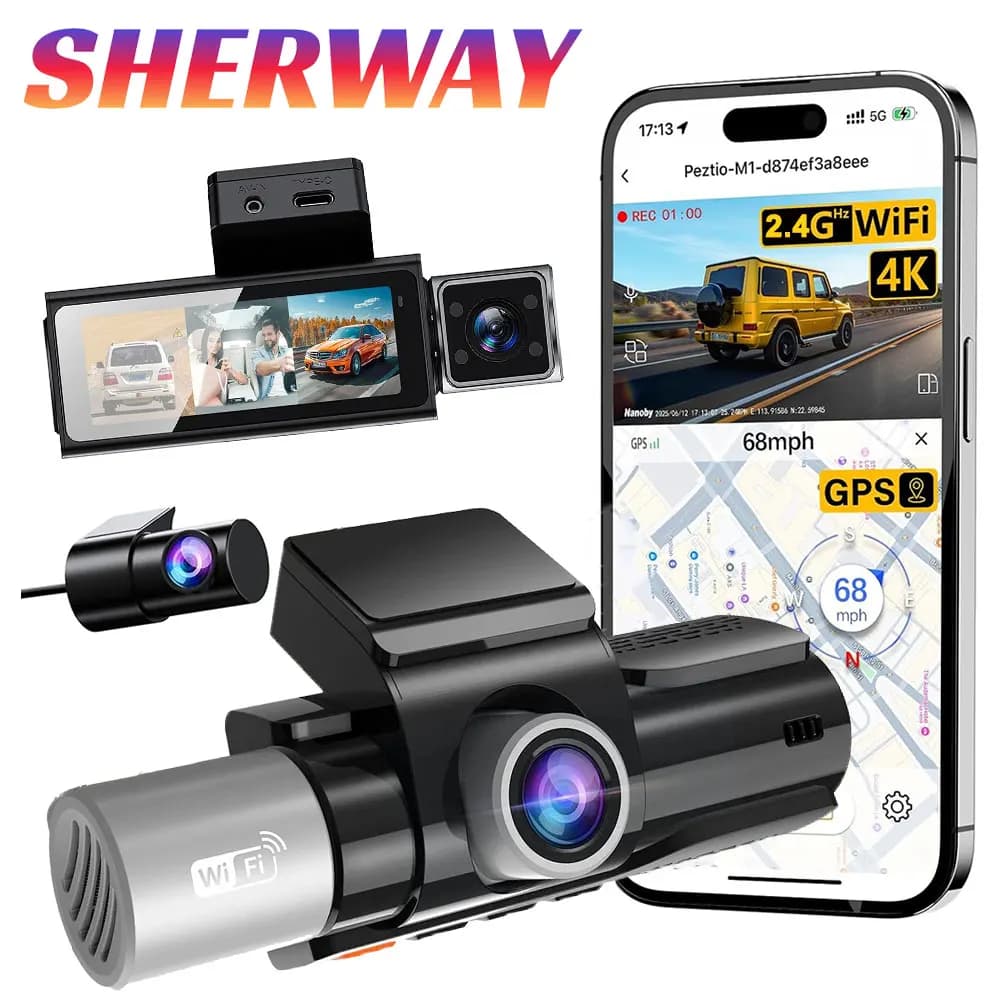 Dash Cam a 3 Canali Anteriore Posteriore Interna 3-in-1 HD con Tripla Lente, DVR con WIFI GPS, Monitoraggio Parcheggio 24H, Visione Notturna IR, DVR Auto 4K