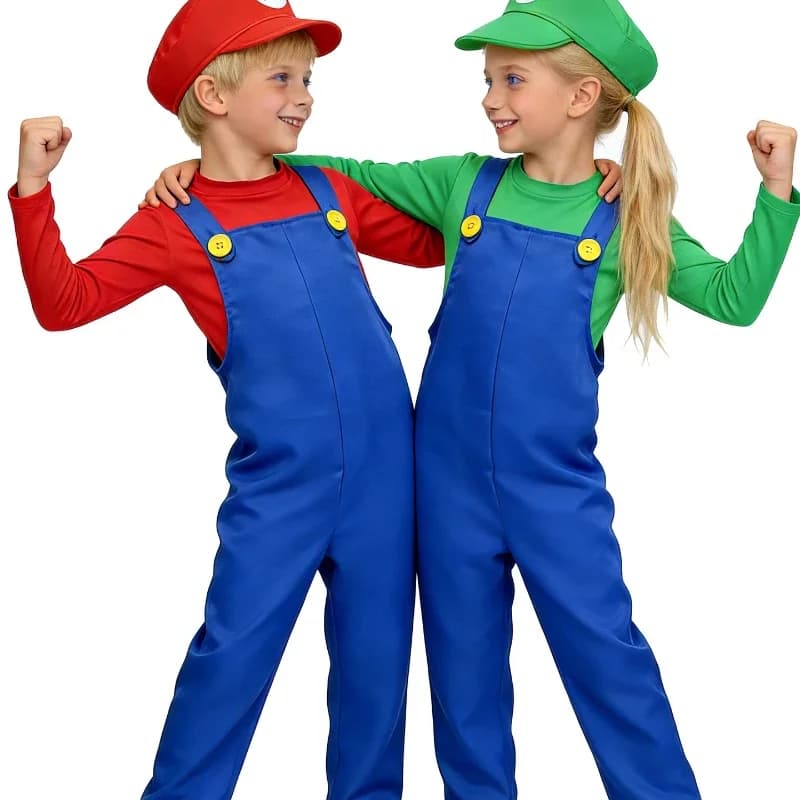 Costume da Super Mario 2026: Tuta con Cappello, Barba e Guanti per Bambini e Bambine, Set per Cosplay di Halloween e Feste a Tema