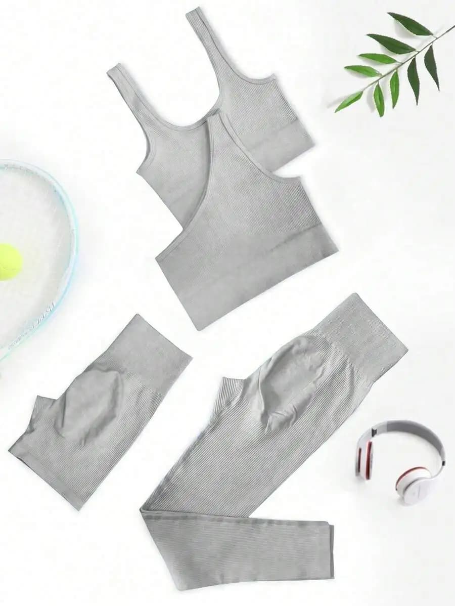 Completo sportivo da donna in maglia a tinta unita, slim fit, con top e leggings.
