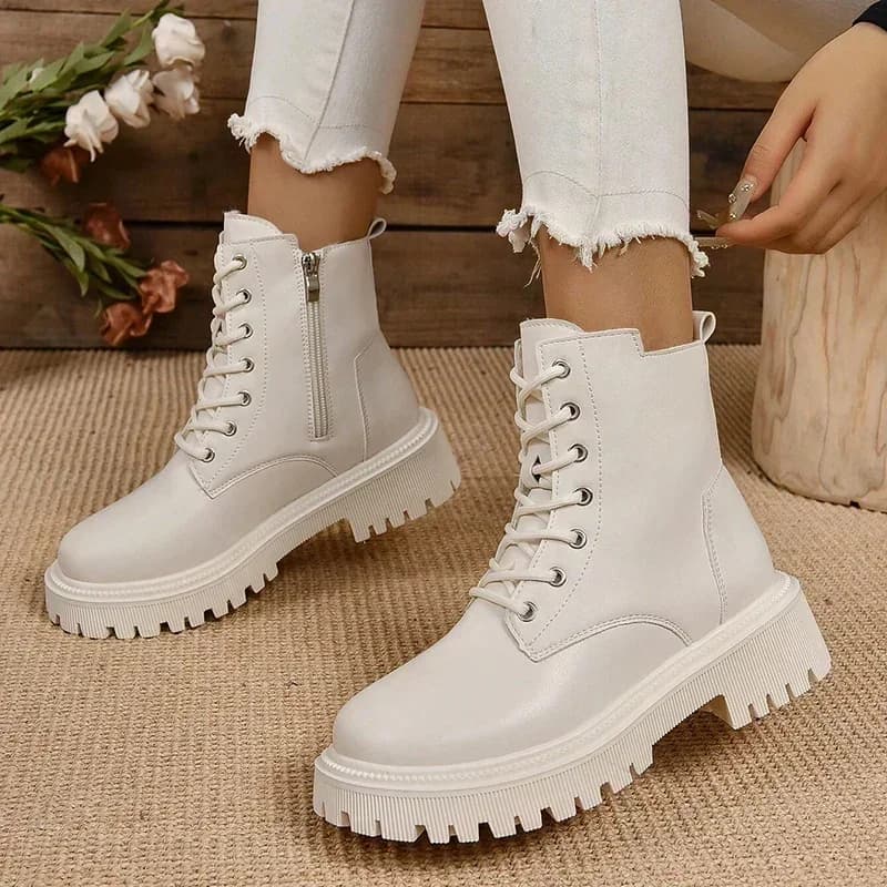 Stivaletti invernali caldi corti in peluche Stivaletti da combattimento con plateau con cerniera moda donna comodi tacchi bassi in pelle Pu Botas Mujer