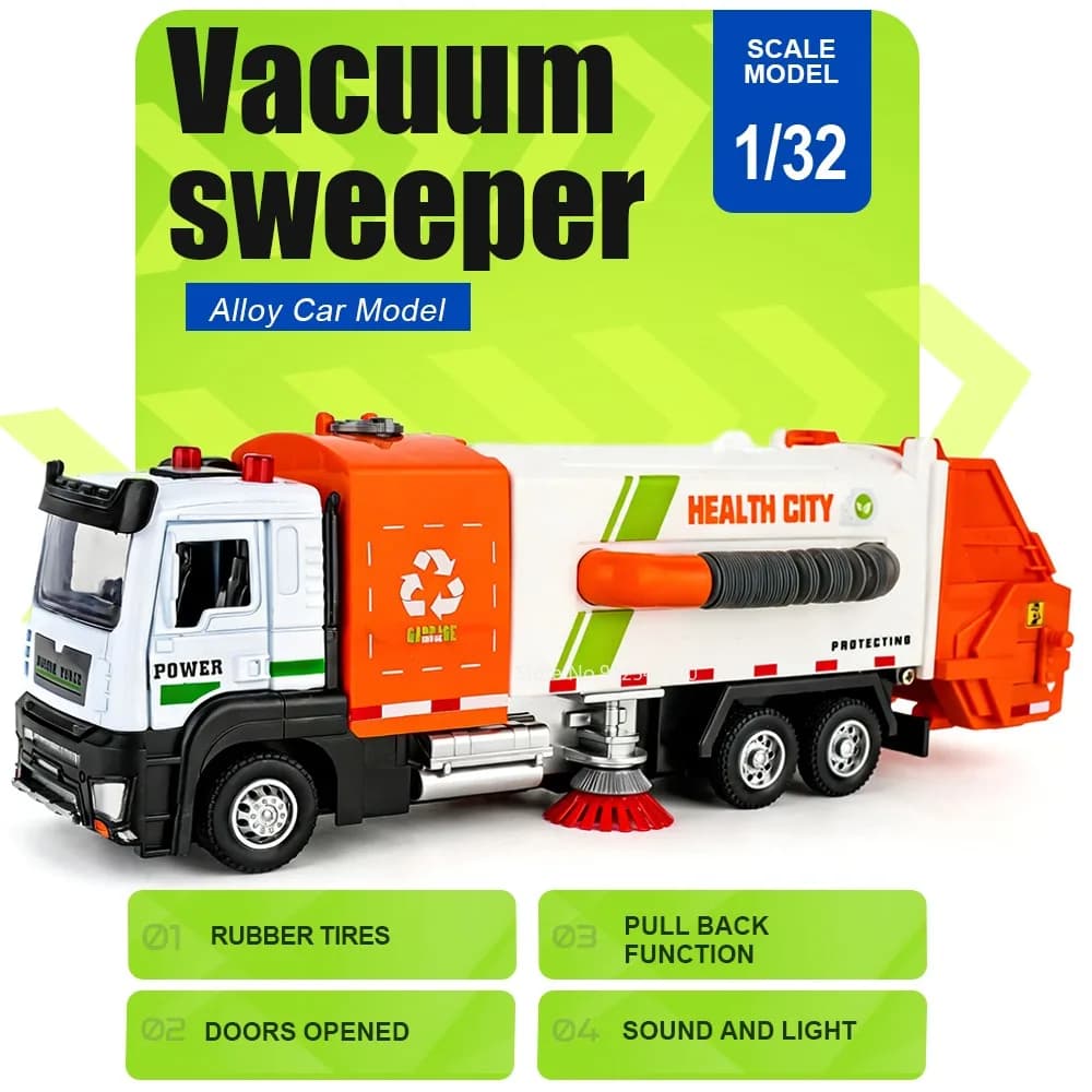 Modellino di Camion Spazzatrice per la Pulizia Stradale 1:32 con Porte Apribili, Suoni e Luci, Auto Giocattolo a Retrocarica con Carrozzeria in Lega per Bambini, Regalo Hobby