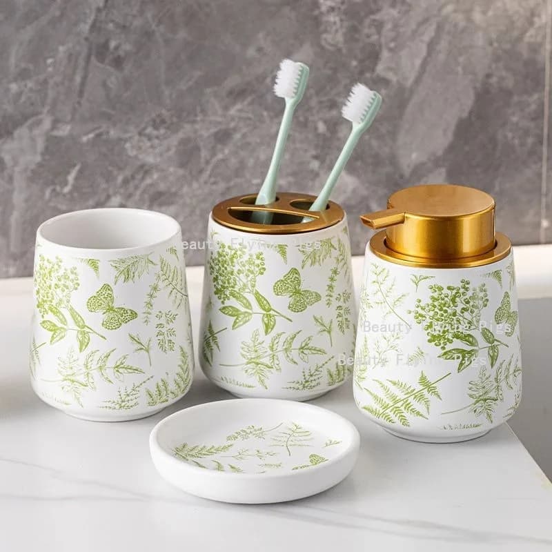 Set di Articoli da Toilette in Ceramica con Motivo Vegetale, Set per Casa e B&B, Portaspazzolino, Portasapone, Dispenser per Lozione