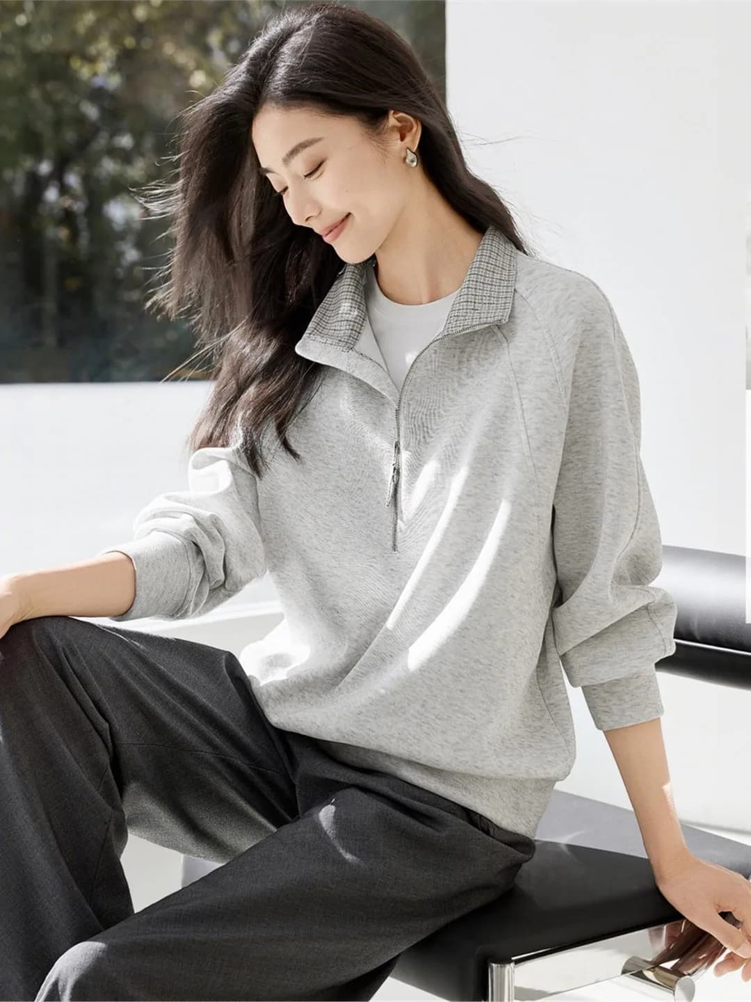 Loose Long Sleeve Women's Hoodie Patchwork Plaid Spring Summer Vintage Modern Casual Style Breathable Cotton Polyester Blend