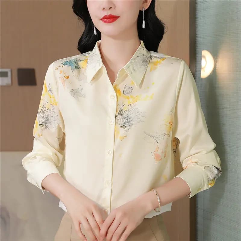 Camicie da donna in raso di seta floreale a maniche lunghe 2026, eleganti bluse casual coreane, camicie primaverili alla moda aderenti per l'ufficio
