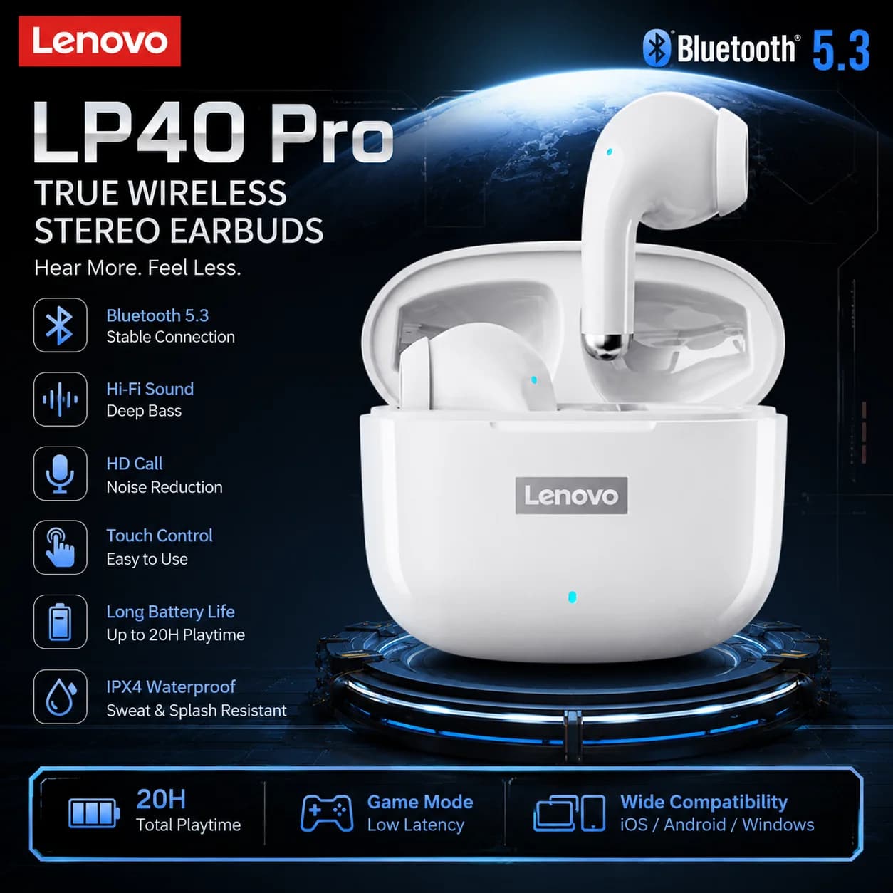 Auricolari Bluetooth Lenovo LP40 Pro a Bassa Latenza con Controllo Touch, Chiamate HD, Impermeabili, Cuffie Wireless per Palestra, Allenamento, Pendolarismo e Gaming