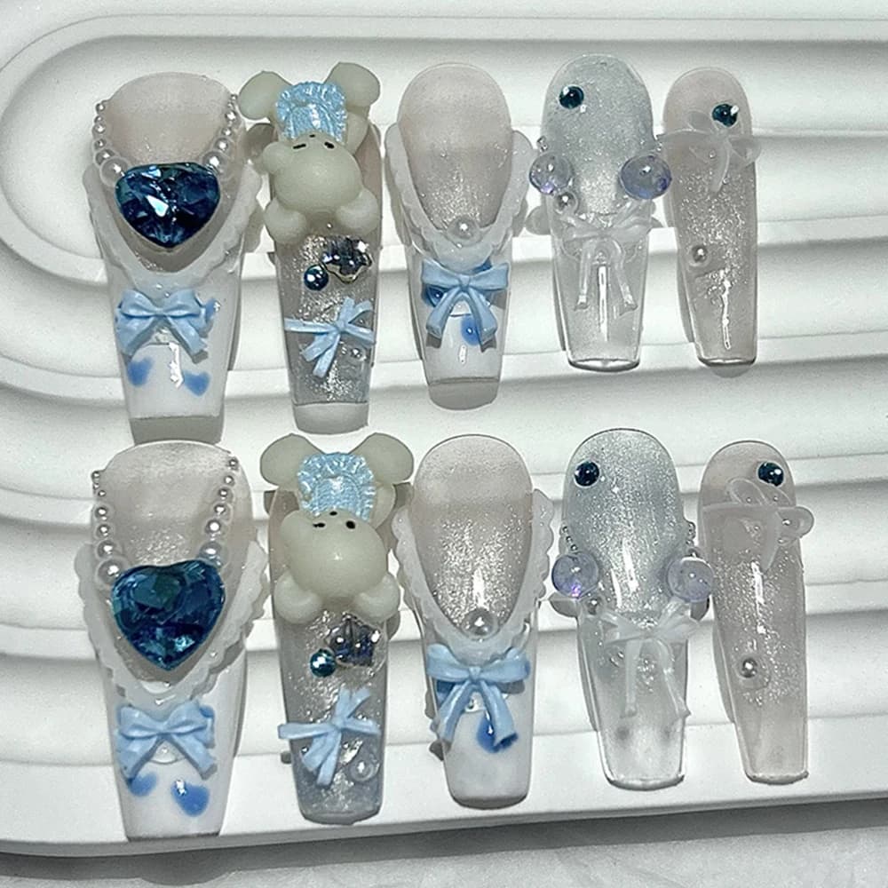 Nice French 3D blue bear handmade print on nails doll Kawaii fingernails fake long bow pearl heart glitter nail art girl gift