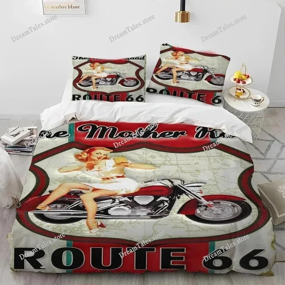 Set di Biancheria da Letto con Stampa 3D del Route 66, Copripiumino e Federe, Disponibile in Misura King e Queen