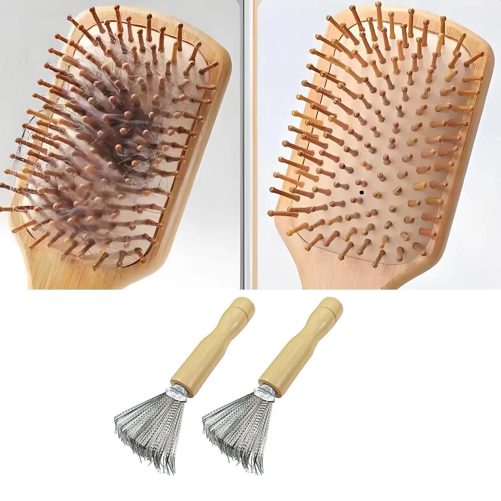 Hair Brush Cleaner Rake Pick Stainless Steel Wire with Ergonomic Wooden Handle Quick Lint Remover for Hairbrush and Combs