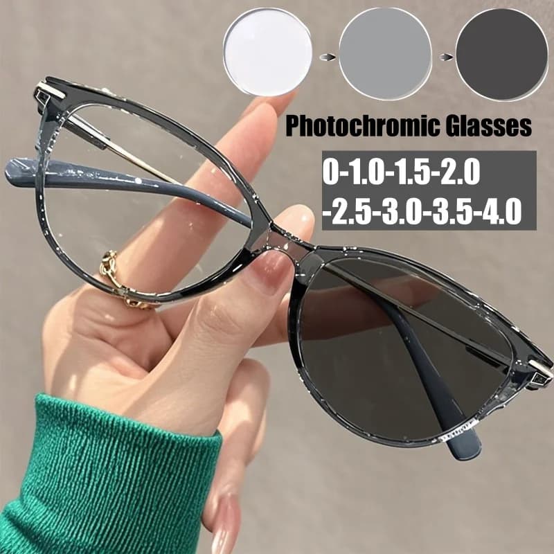 Men Women New Fashion Photochromic Myopia Glasses Retro Cat Eye Near Sight Eyewear Color Changing Minus Diopter Sunglasses
