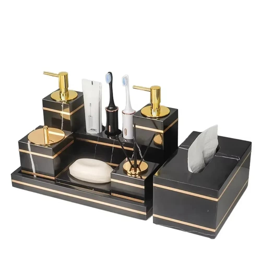 Set Bagno Lusso Oro: Dispenser Sapone in Acrilico, Porta Spazzolini, Vassoio e Collezione Accessori Neri