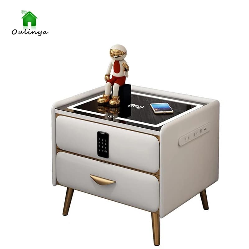 Solid Wood Smart Bedside Cabinet Password Lock Wireless Charging Multi-functional Bedroom Storage Nightstand