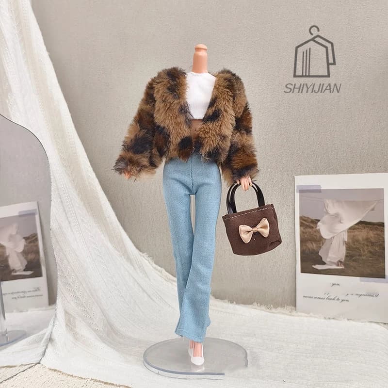 Set di Vestiti per Bambole da 30cm, Moda Spice Girl, Cappotto in Pelliccia Stampa Leopardata, Jeans Bianchi Interni, Accessori Fai-da-Te per Bambole FR 1/6