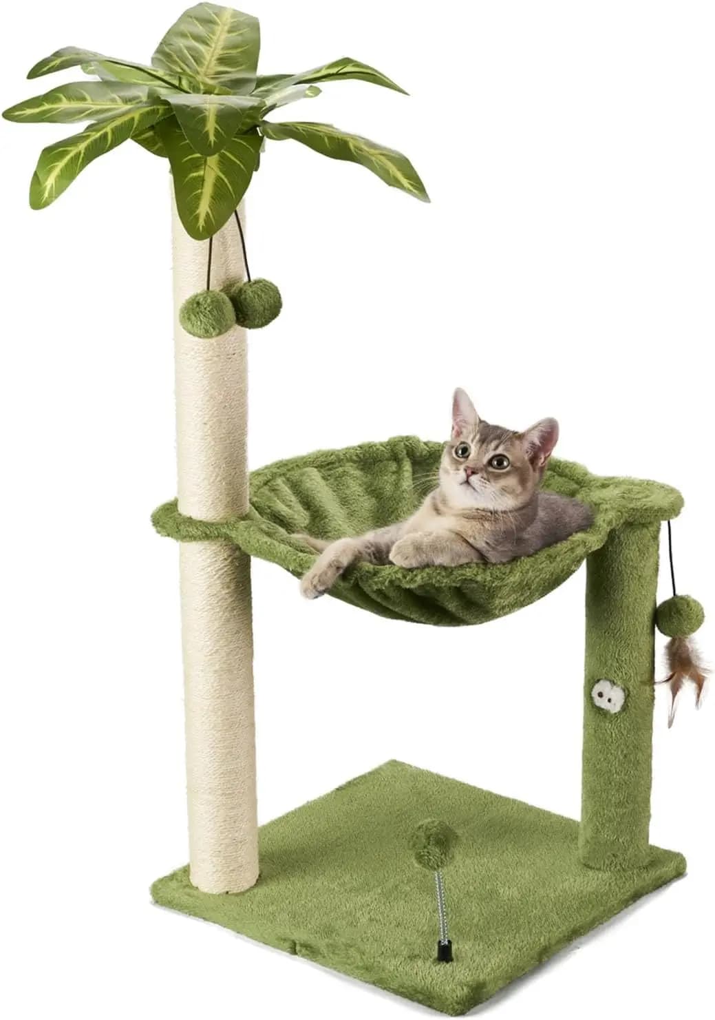 Albero per Gatti da Interno, 89 cm di Altezza, con Tiragraffi, Ampia Cuccia Sospesa e Palline Giocattolo, Verde Pianta
