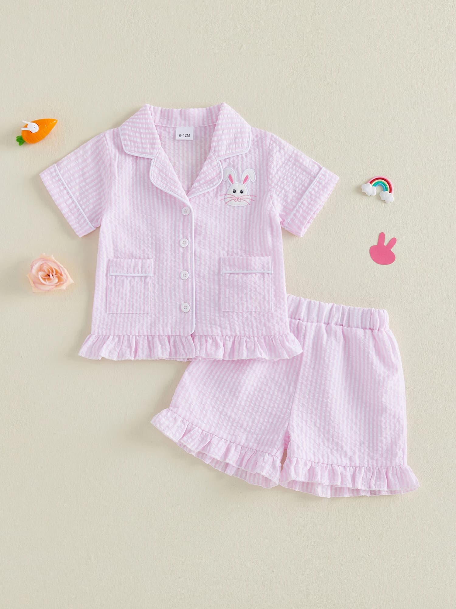 Easter Boys Pajamas Set Bunny Embroidery Short Sleeve Tops with Plaid Shorts Sleepwear for Kids