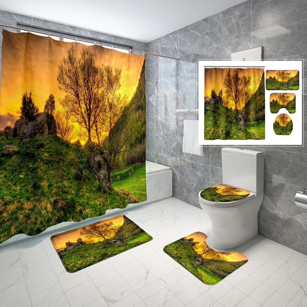 Set di 4 Pezzi Tenda Doccia Paesaggistica, Tenda da Bagno Impermeabile con Paesaggio Montano al Tramonto, Copriwater, Tappetini Antiscivolo per il Bagno