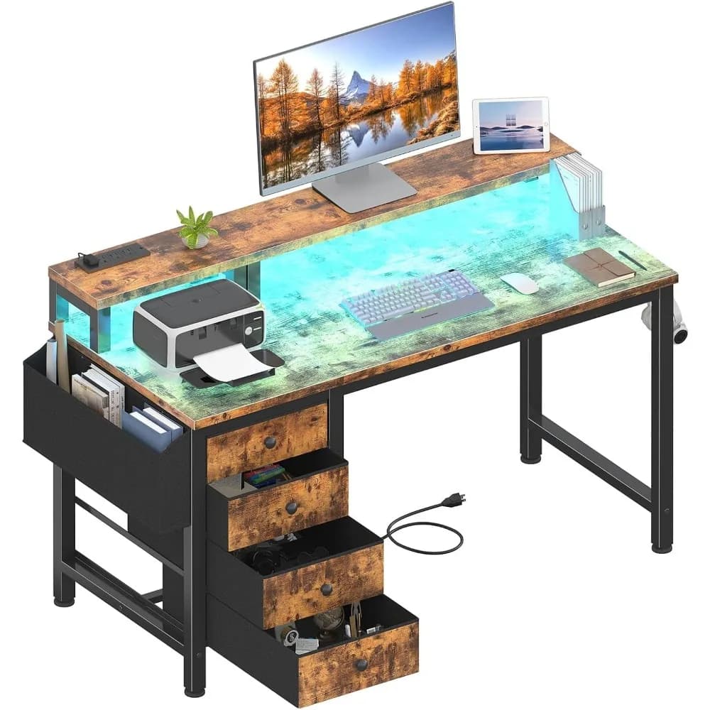 Reversible gaming desk Lufeiya with LED lights and sockets, 47 inch office desk with monitor support, computer desk with spirit