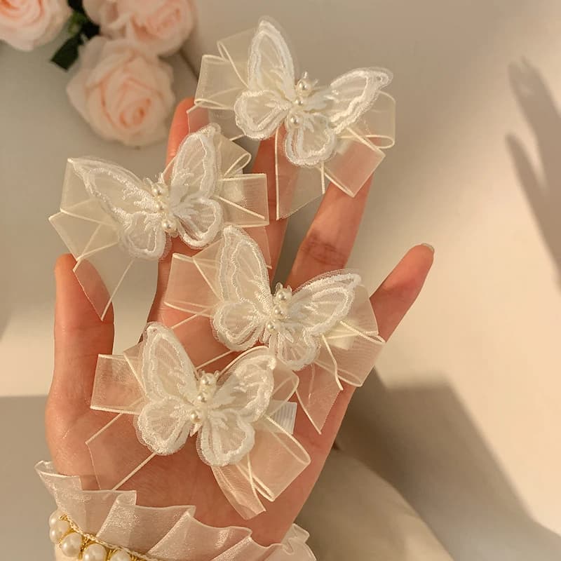 Fermagli per capelli con farfalle in pizzo bianco trasparente per donna Perle carine Forcine per farfalle Mollette per bambini Accessori per capelli per ragazze