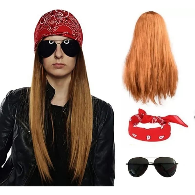 Set di 3 Parrucche Sintetiche per Uomo e Donna, Parrucca Lunga Liscia Marrone, Occhiali da Sole, Foulard, Accessori per Costume da Festa Rock Hip Hop