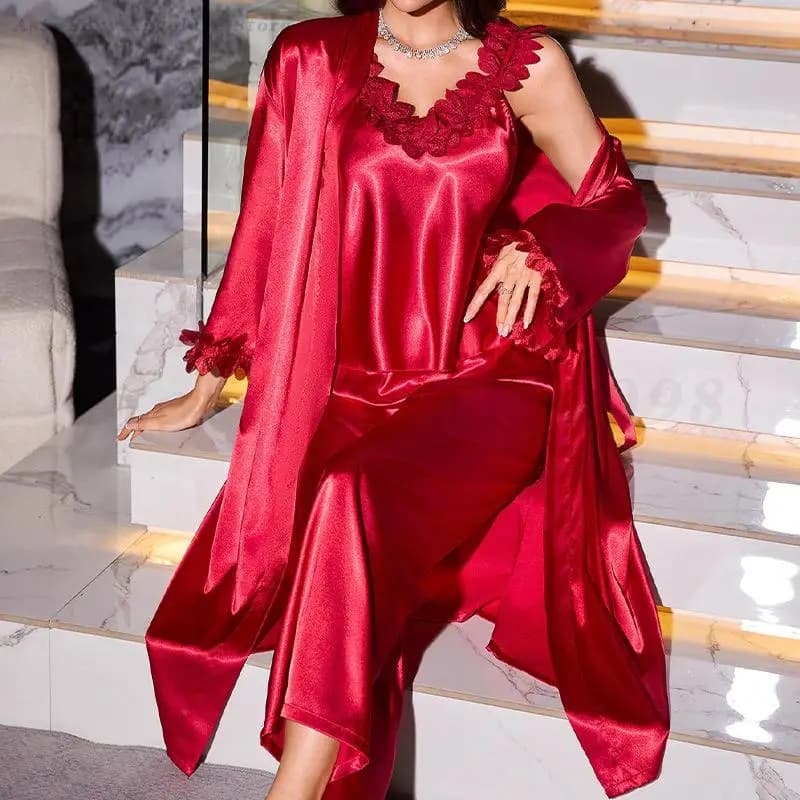 Women's Dress Set 3 Piece Set With Sexy Strap Top And Trousers Night Satin Set Long Sleeved Bathrobe Kimono Dress Homewear