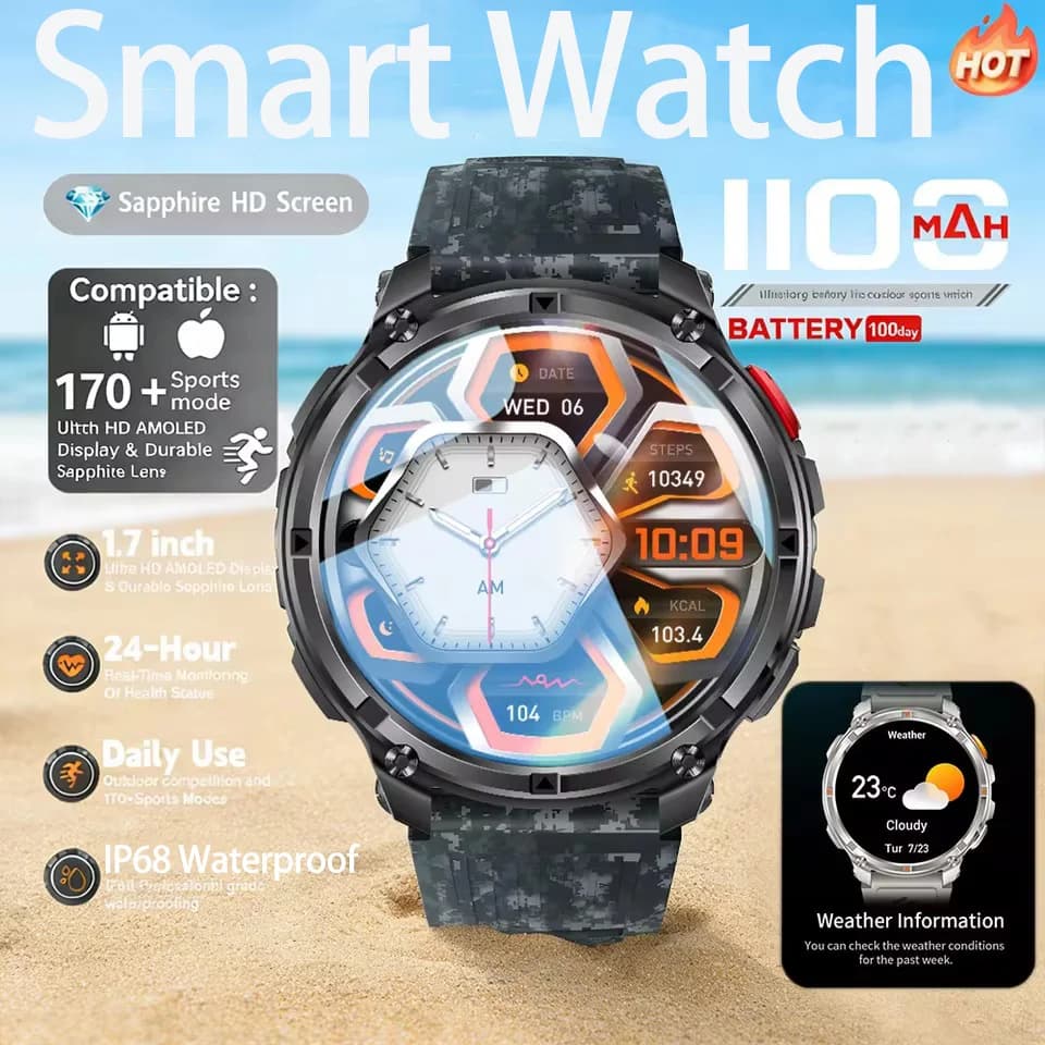 New Men's Outdoor Sports Smart Watch 1100mAh Battery Compass IP68 Waterproof LED Flashlight Voice Assistant BT Call Smart Watch