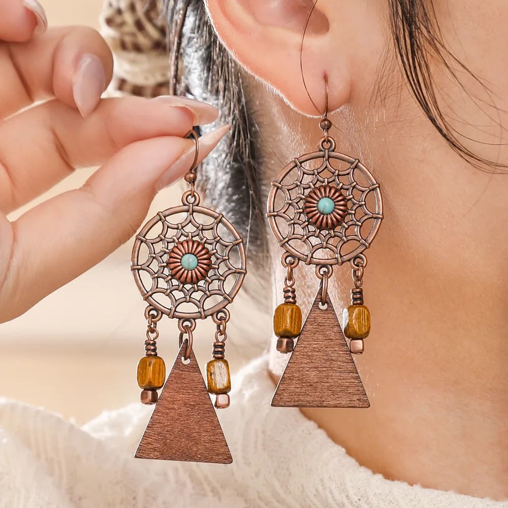 New Natural Wood Bead Tassel Earring Women's Bohemia Geometric Dreamcatcher Flower Pendant Earrings Female Statement Jewelry