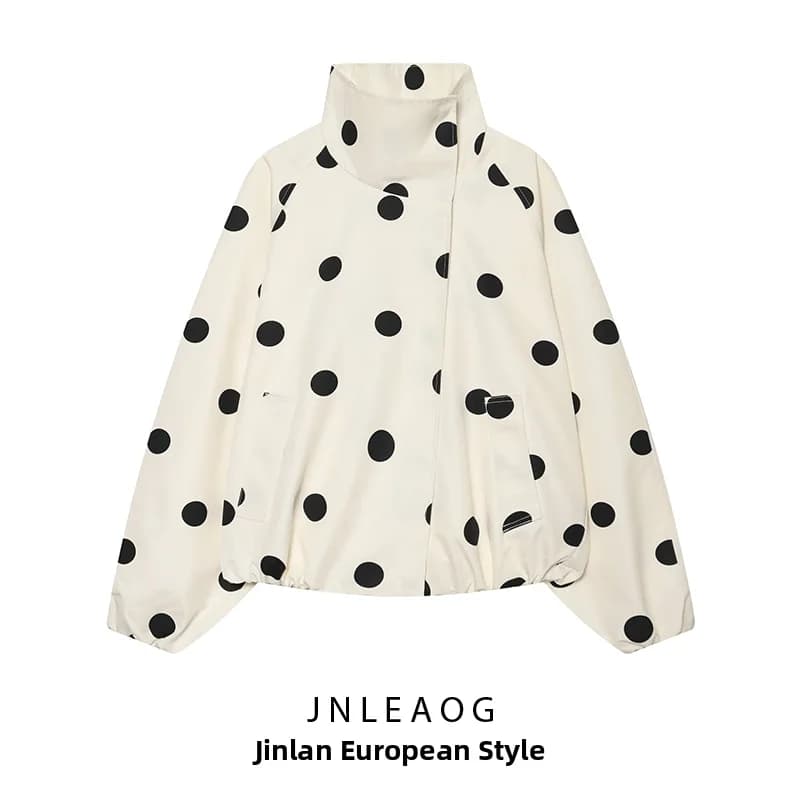 JNLEAOG Summer New Women's Fashion Polka Dot Pilot Jacket Coat Standard Fit Polyester Long Sleeve Stand Collar Regular Length