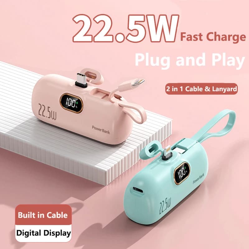 5000mAh Mini Power Bank Plug for Integrated Cable 22.5W Fast Charging for Apple Type C Powerbank for iPhone 15 X Samsung Huawei Xiaomi
