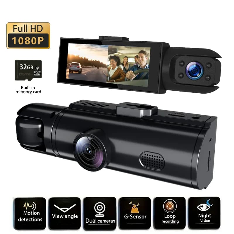 Mini Tre stili: V7 V9 V10 1 pz Dual Dash Cam - 3 canali, 1080P, anteriore, interno e posteriore, lato destro + 32 GB, visione notturna, HD