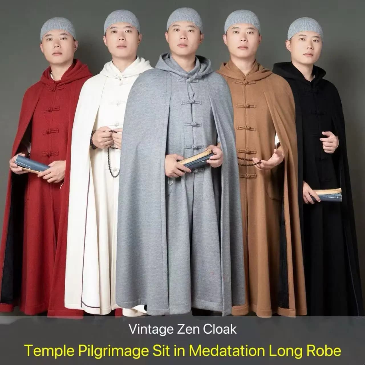 Mantello con cappuccio da monaco Uomo Donna Templo tradizionale sedersi in costume Vintage Autunno Inverno Meditazione Peregrinaggio Abito lungo con tasca