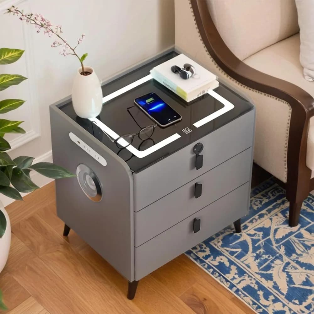 Comodino Intelligente con Cassetto con Serratura a Impronta Digitale, Comodino con Ricarica Wireless, Personalizzabile