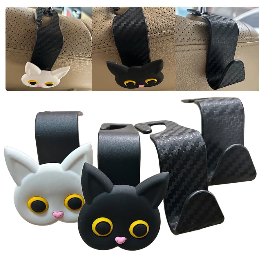 Simpatico gancio per poggiatesta per seggiolino auto con gatto cartone animato 3D - Organizzatore universale per riporre veicoli per borse, portafogli e giacche