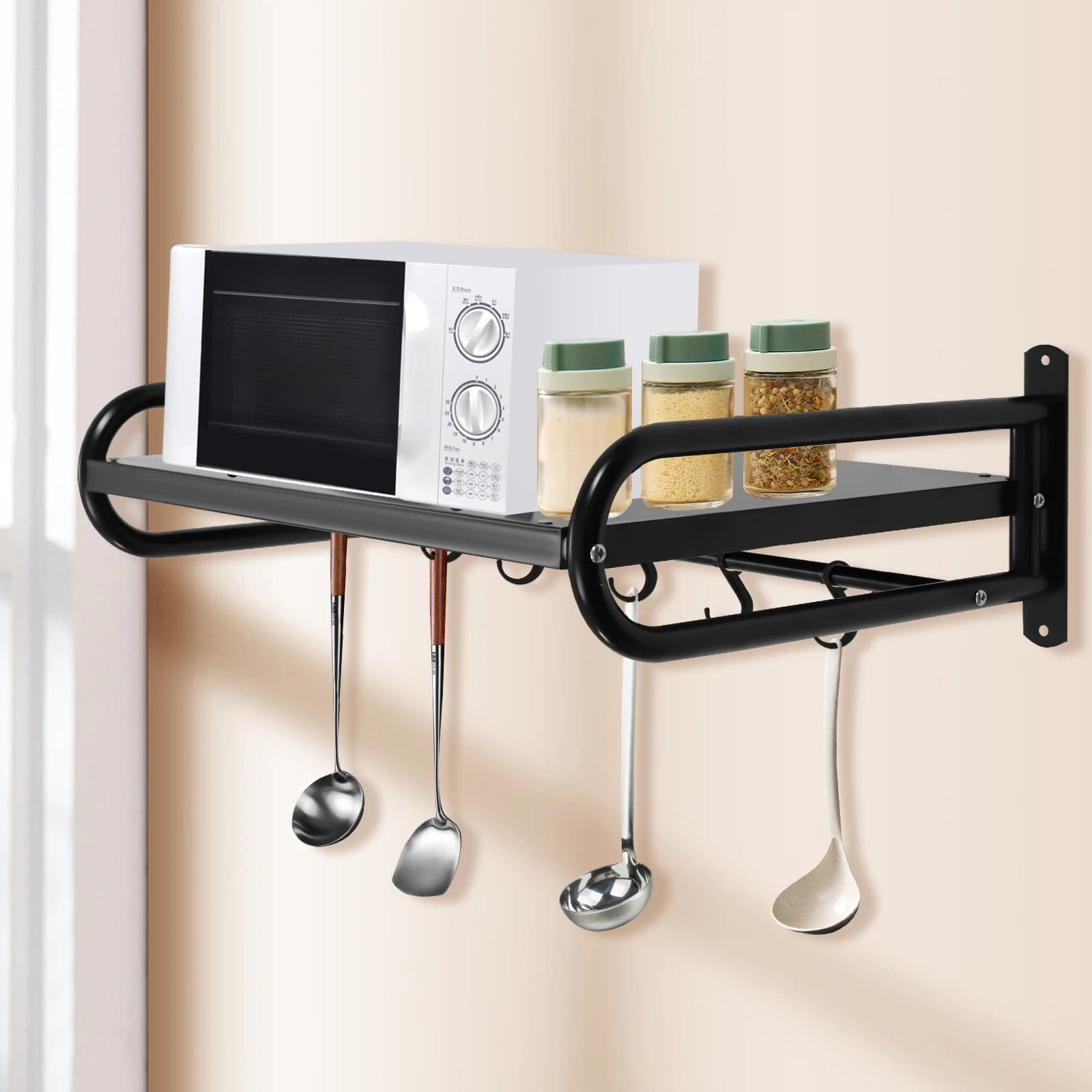 Microwave wall shelf, durable carbon steel, large shelf for kitchen organization, simple installation with