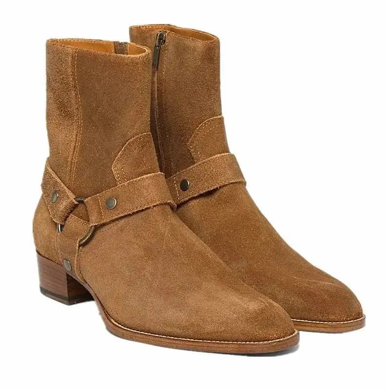 Men Genuine Leather Boots Brown Chelsea Handmade High Quality Cow Suede Casual Mid Heel Winter Shoes Motorcycle Heel Felt Boot