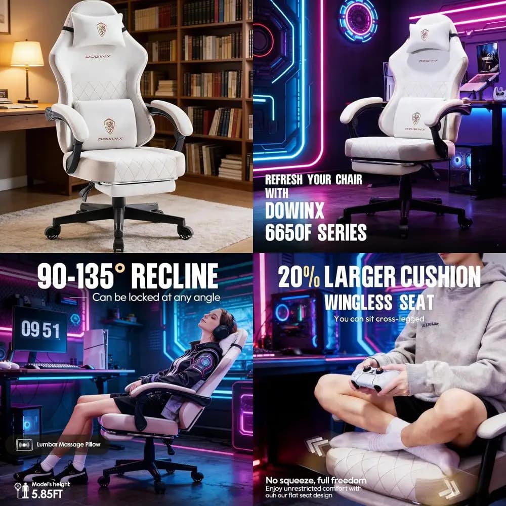 Sedia da Gaming Ergonomica con Schienale Alto e Cuscino a Molle Insacchettate, Rotazione a 360° ° Supporto Lombare Girevole con Massaggio, Beige