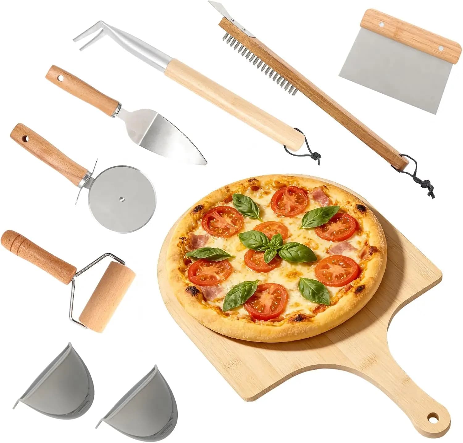 Kit di Accessori - Set Versatile di Utensili per Preparare la Pizza per Forni Domestici ed Esterni, Include Pala per Pizza, Spazzola per Forno, B