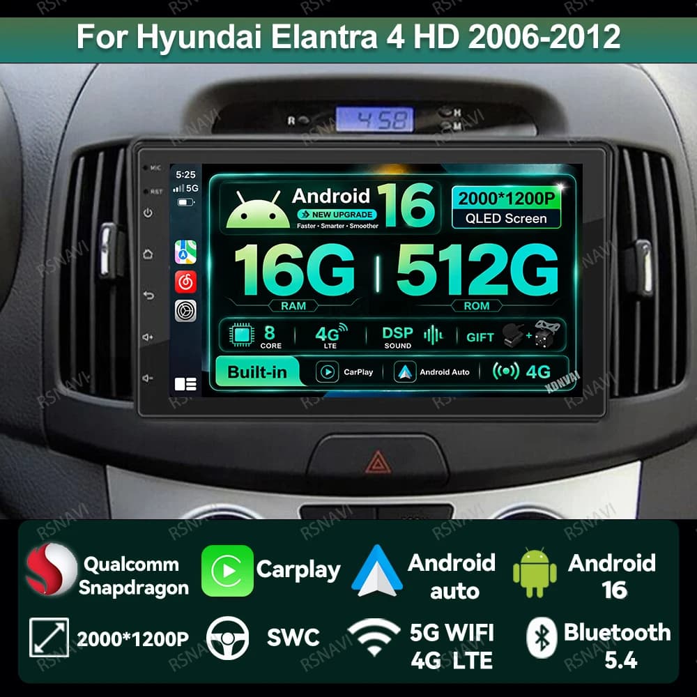 Car Radio Android 16 For Hyundai Elantra 4 HD 2006-2012 WIFI+4G 8 Core Multimedia Stereo 9/10 Inch Head Unit IPS Autoradio DSP