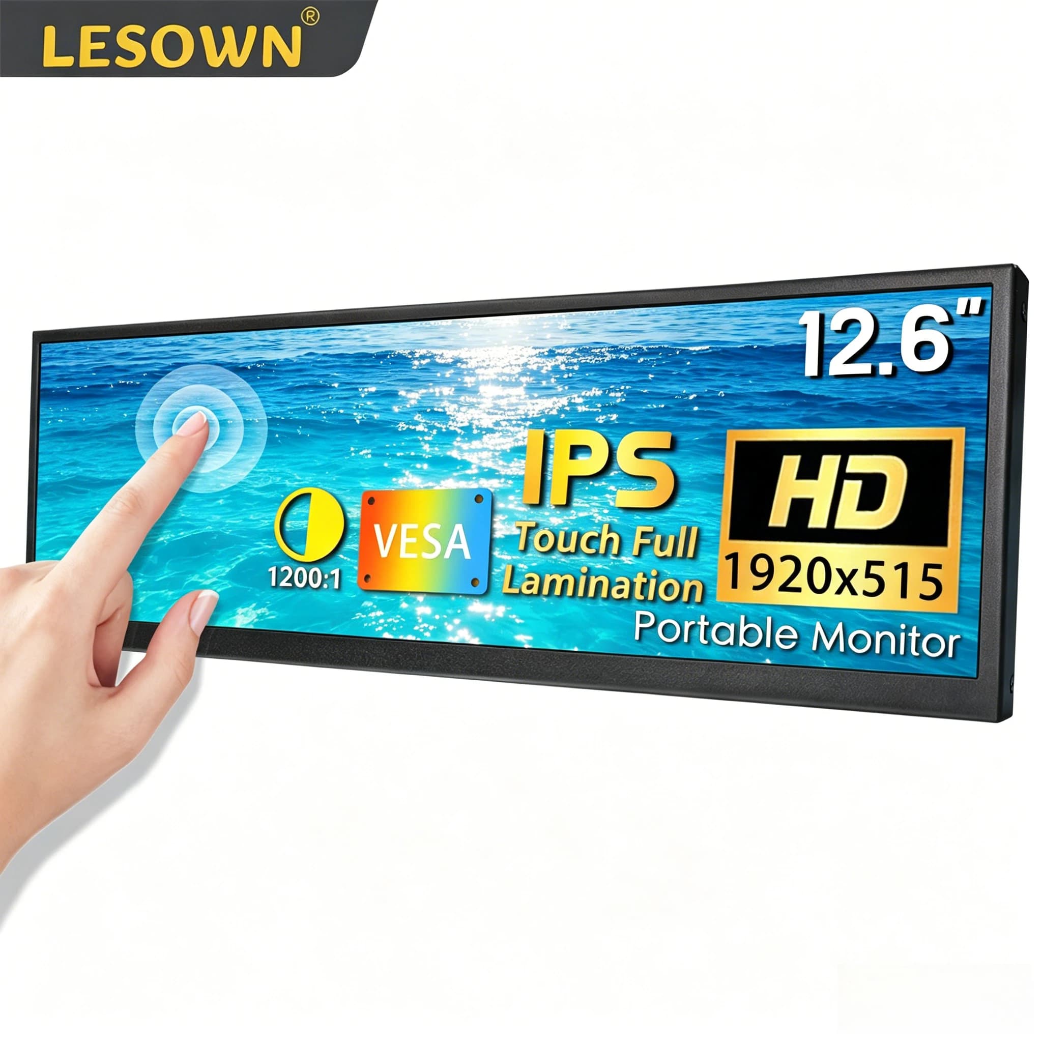 LESOWN 12.6-Inch Ultra-Thin IPS Touch Stretched Bar Monitor 1920x515 Portable Elongated Display for GPU/CPU Monitoring
