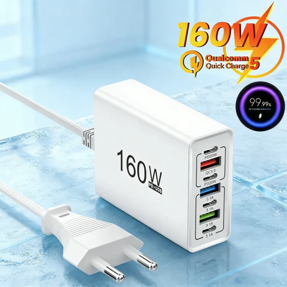 Caricatore USB 160W Multi-porta, Adattatore di Ricarica Rapida Quick Charge 3.0 PD, Alimentatore da Parete con Spina EU/US per iPhone Samsung Xiaomi