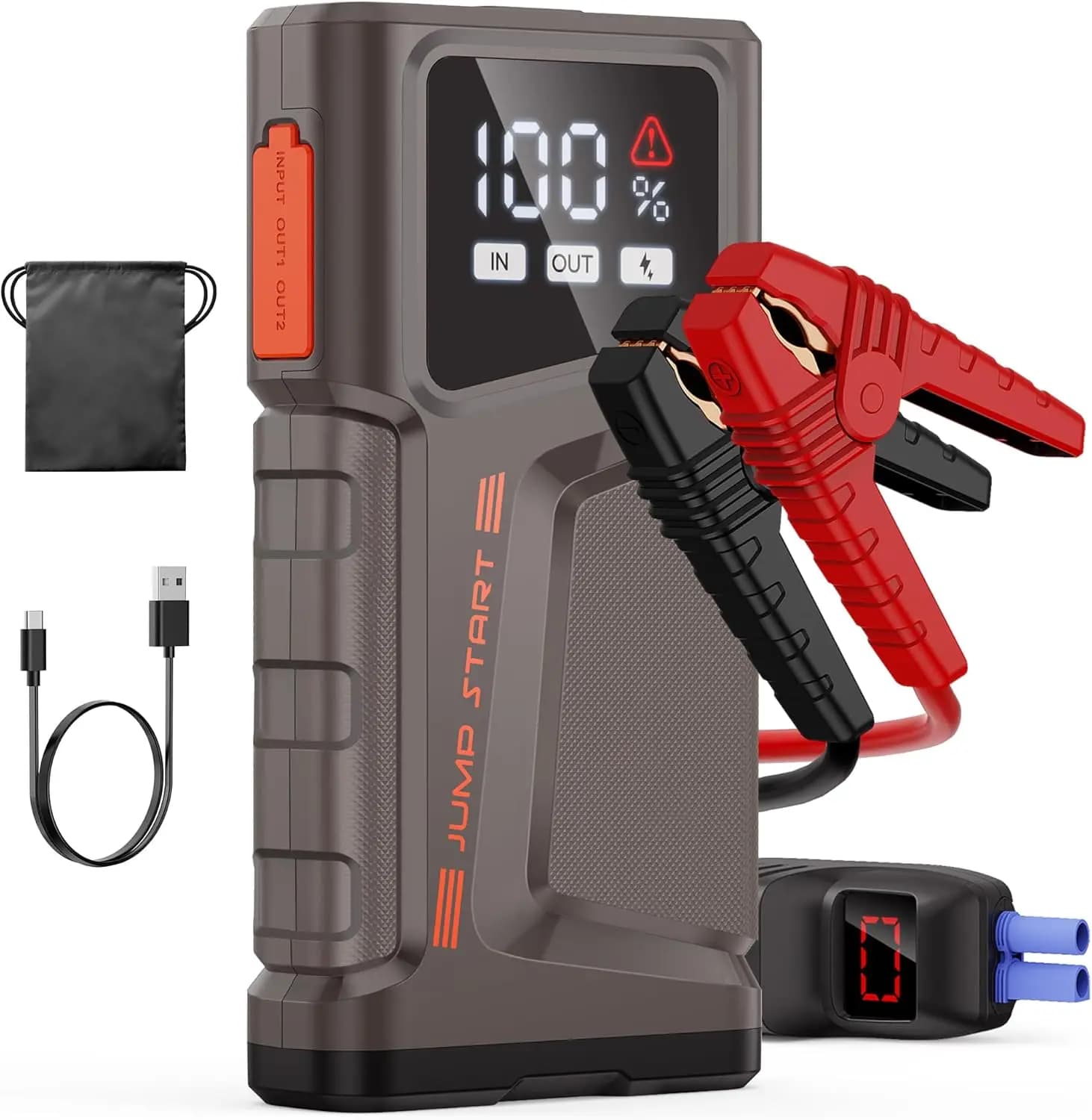 Avviatore portatile per auto 2000A 12V con display LCD, USB QC3.0, luce LED, cavi jumper