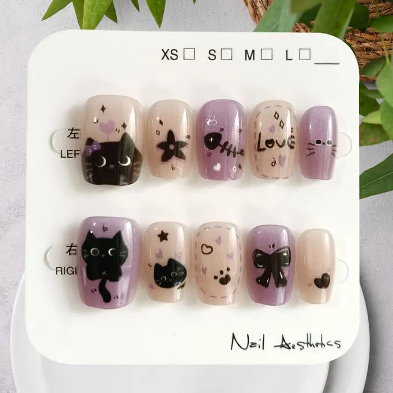 10Pcs Cute Cartoon Purple Spirit Cat Handmade Press on Nails Square Head with Cat Eye's Nail Patch Stickers Fake Nails Art