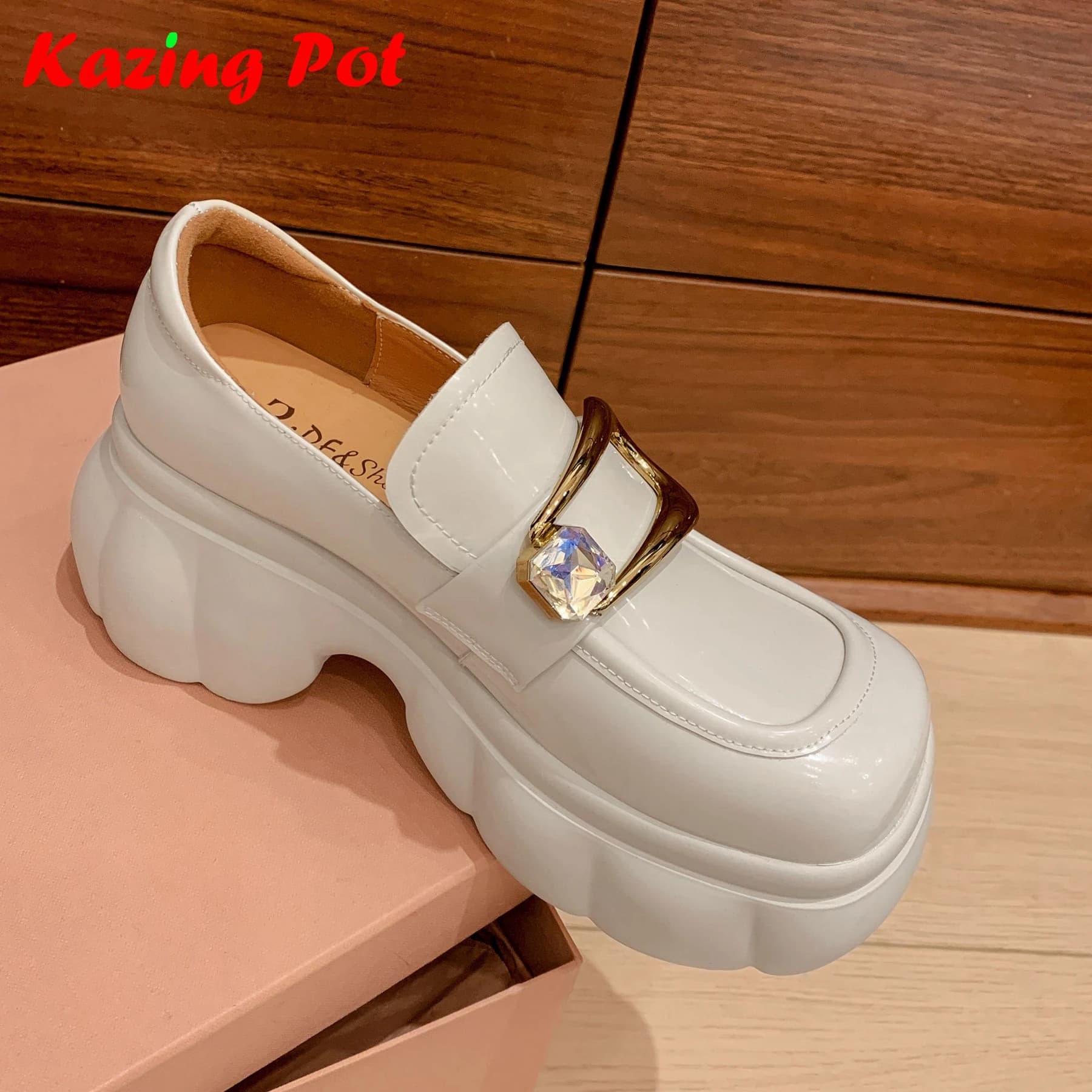 Krazing Pot Gladiator Scarpe autunnali in vera pelle Slip-on con plateau chic tempestato di diamanti con fondo spesso e fibbia in metallo da donna