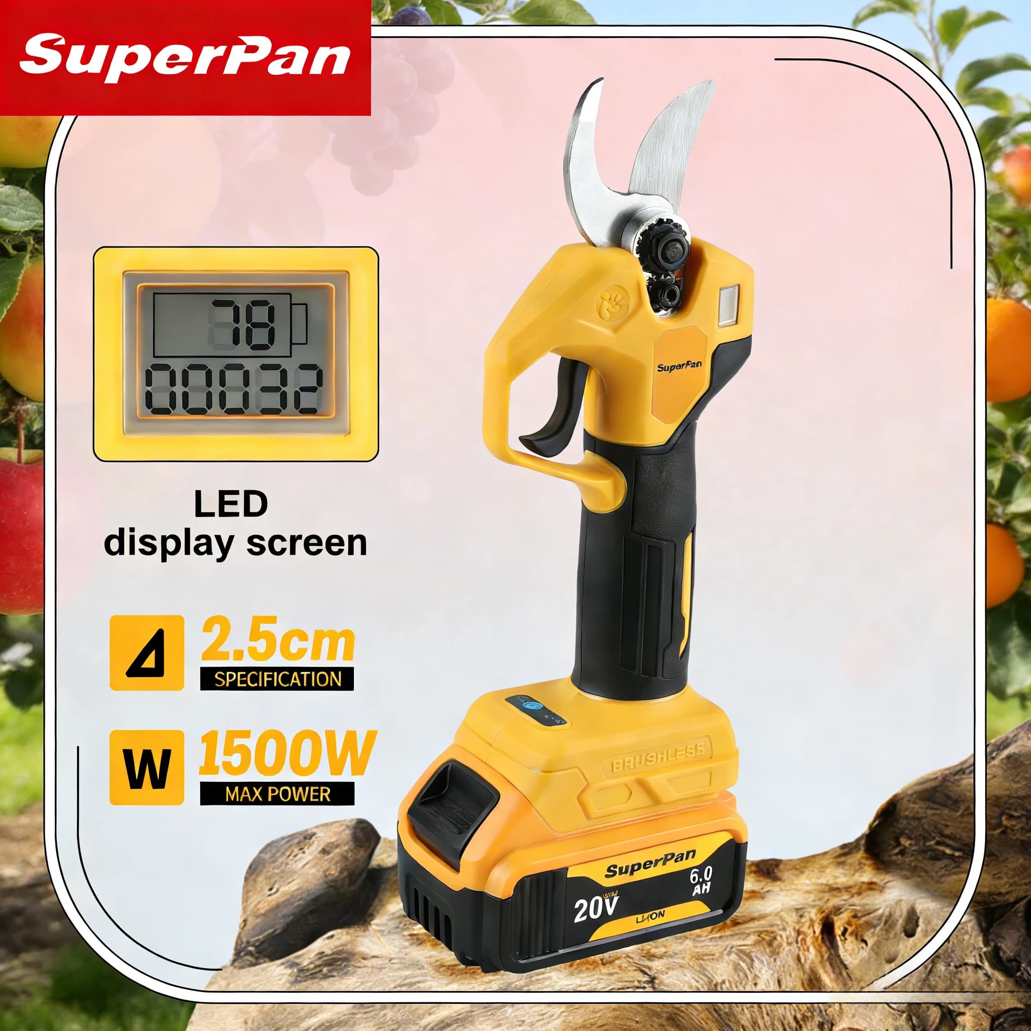 SuperPan battery pruning scissors, 20X work-saving tools, SK5 blade for bamboo and tree pruning, compatible with DeWalt 20V battery.