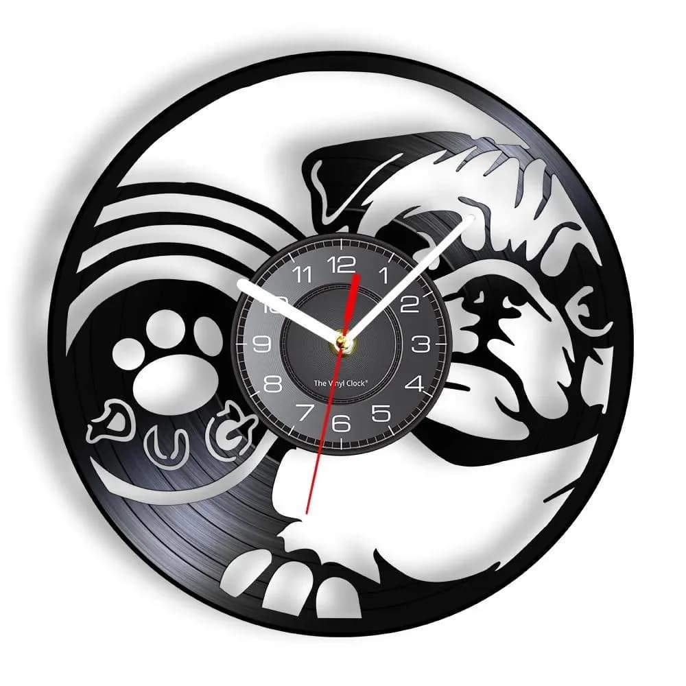 Pug Dog Vinyl Record Wall Clock Cute Puppy Paw Print Retro Laser Cut Wall Clock Creative Gift for Dog Owners Pet Lovers